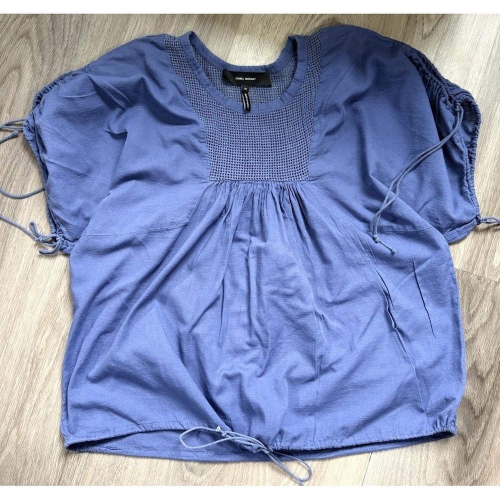 Isabel Marantz Blue Cotton Top Bohemian Peasant Size 38 Crochet Lightweight
